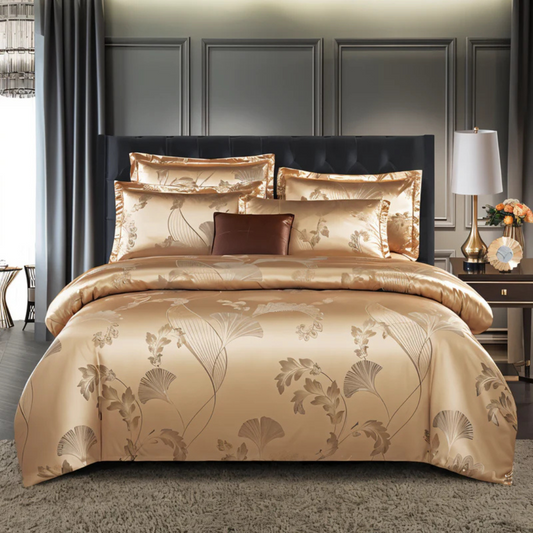 Satin Floral Print Duvet Cover Breathable Ultra Bed Linen Gold NALANI