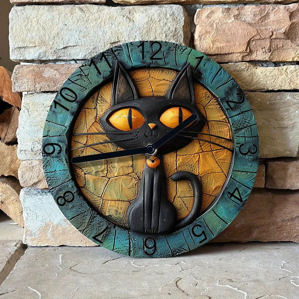 Silent Aluminum Cat Wall Clock With Black Cat Motif NALANI