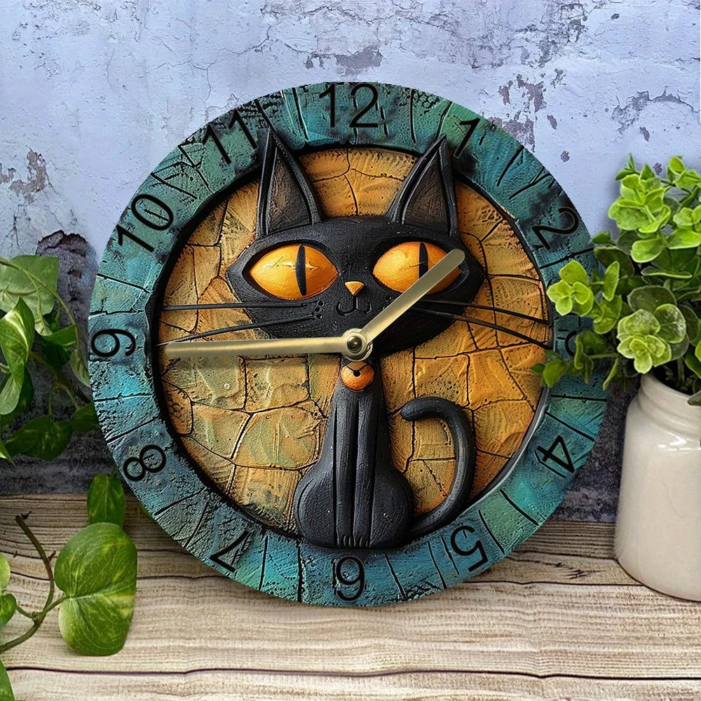 Silent Aluminum Cat Wall Clock With Black Cat Motif NALANI