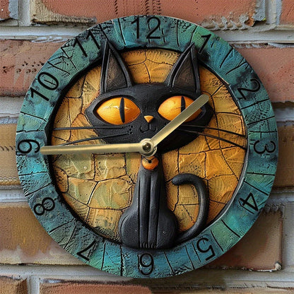 Silent Aluminum Cat Wall Clock With Black Cat Motif NALANI