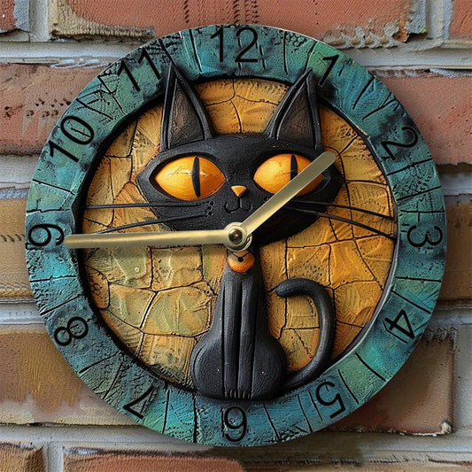 Silent Aluminum Cat Wall Clock With Black Cat Motif NALANI