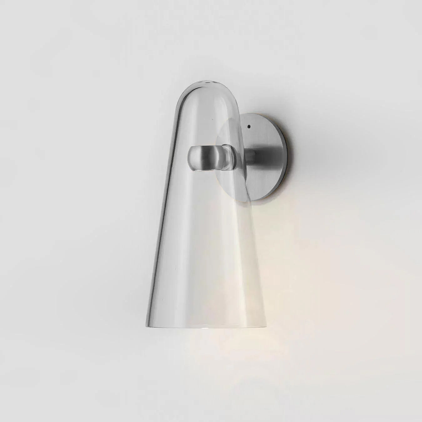 Sleek Conical Glass Wall Lamp For Modern Living Spaces ∅ 5.1″ x H 10″ Dia 13cm x H 25.5cm Nickel & Clear Warm Light NALANI