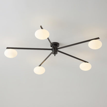 Slim Black Arm Ceiling Lamp With White Glass Oval Bulb 5 heads ∅ 43.3″ x H 7.1″ ∅ 110cm x H 18cm Black & White NALANI