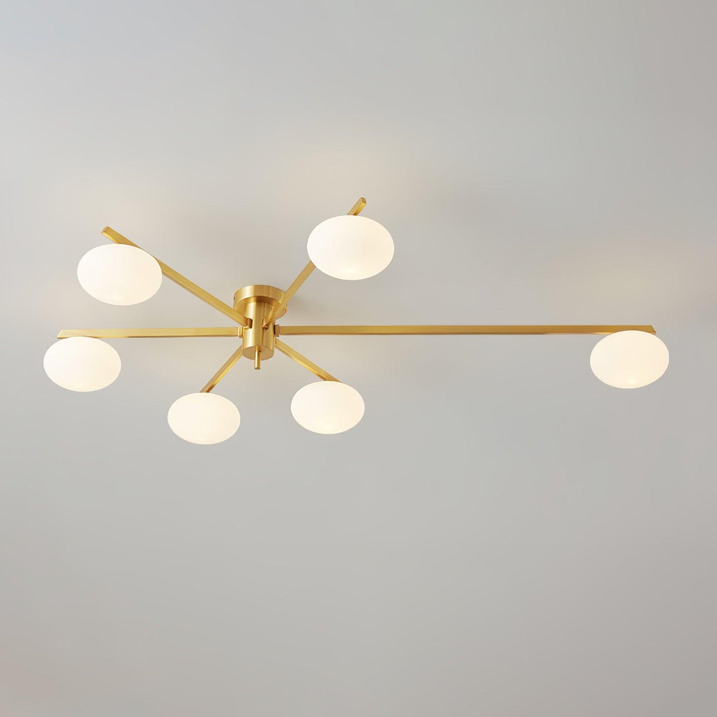 Slim Black Arm Ceiling Lamp With White Glass Oval Bulb 6 heads ∅ 45.3″ x H 7.1″ ∅ 115cm x H 18cm Brass & White NALANI