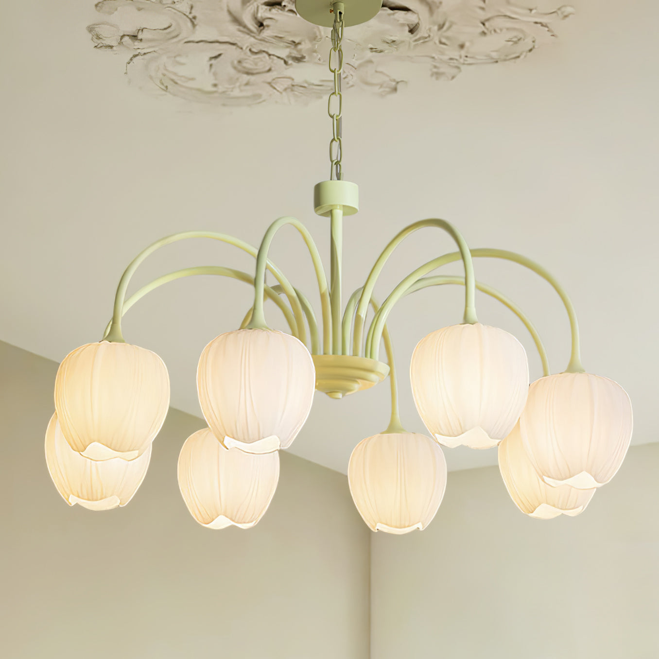 Spring Matcha Tulip Chandelier With White Glass Lampshade NALANI