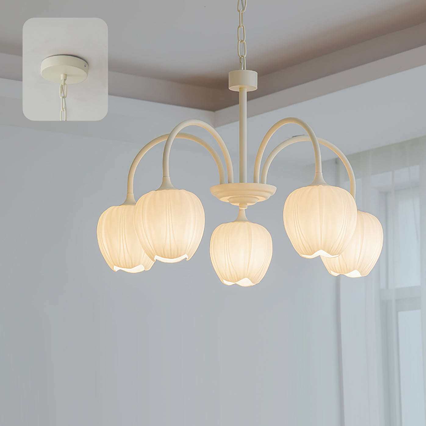 Spring Matcha Tulip Chandelier With White Glass Lampshade 5 heads ∅ 24.4″ x H 15.7″ Dia 62cm x H 40cm Creamy white & White glass NALANI