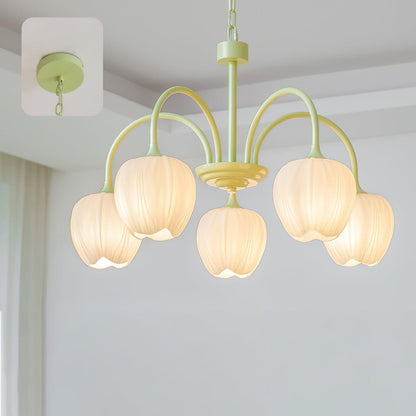 Spring Matcha Tulip Chandelier With White Glass Lampshade 5 heads ∅ 24.4″ x H 15.7″ Dia 62cm x H 40cm Matcha & White glass NALANI