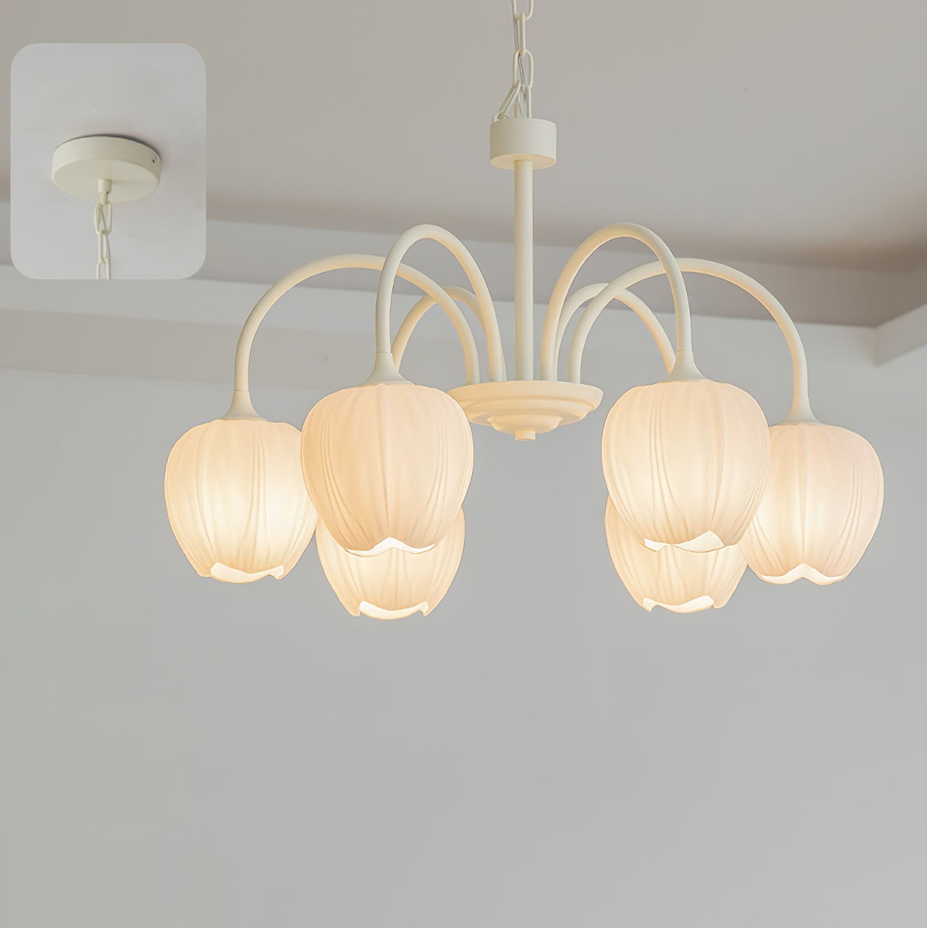 Spring Matcha Tulip Chandelier With White Glass Lampshade 6 heads ∅ 25.6″ x H 15.7″ Dia 65cm x H 40cm Creamy white & White glass NALANI