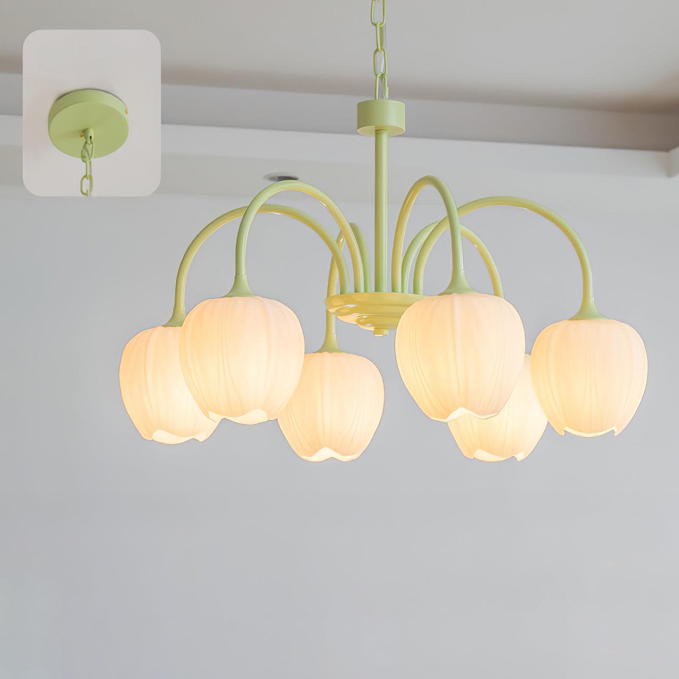 Spring Matcha Tulip Chandelier With White Glass Lampshade 6 heads ∅ 25.6″ x H 15.7″ Dia 65cm x H 40cm Matcha & White glass NALANI