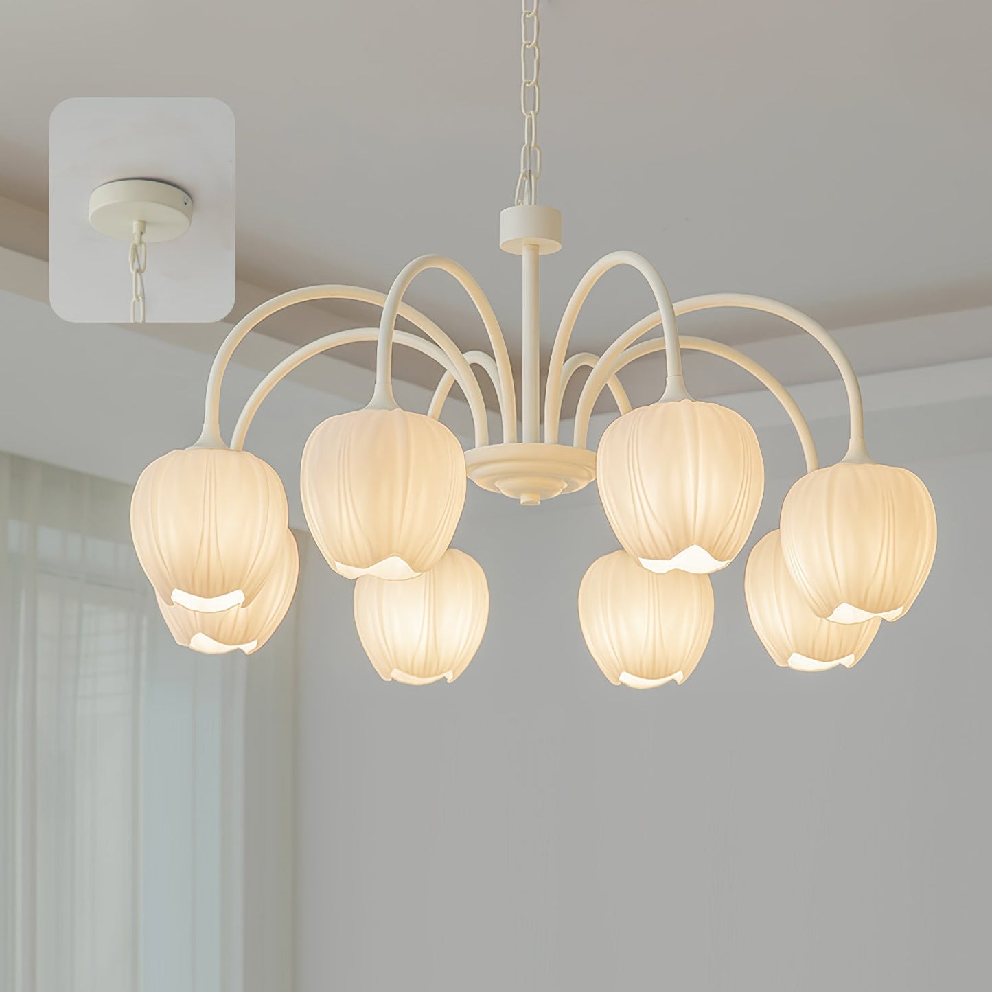 Spring Matcha Tulip Chandelier With White Glass Lampshade 8 heads ∅ 30.7″ x H 15.7″ Dia 78cm x H 40cm Creamy white & White glass NALANI