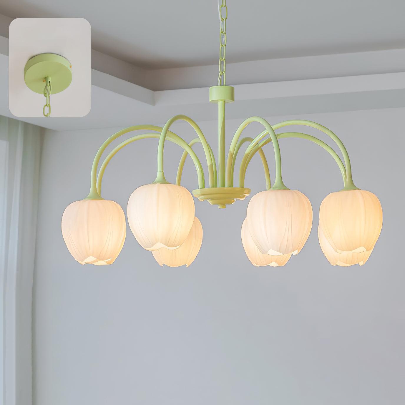 Spring Matcha Tulip Chandelier With White Glass Lampshade 8 heads ∅ 30.7″ x H 15.7″ Dia 78cm x H 40cm Matcha & White glass NALANI