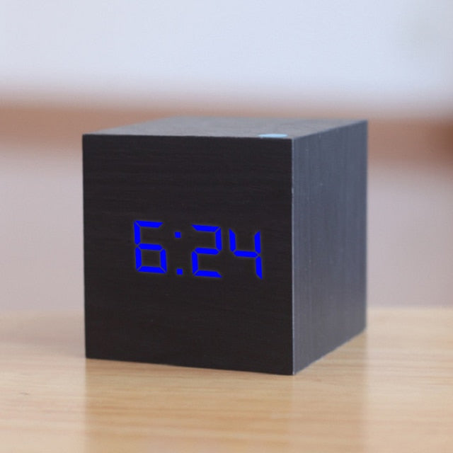 Square LED Digital Alarm Clock with Adjustable Brightness Black Blue NaLani
