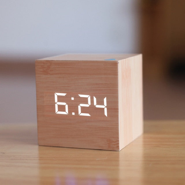 Square LED Digital Alarm Clock with Adjustable Brightness Brown White NaLani
