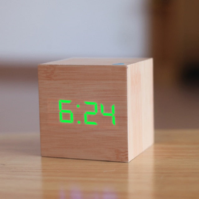 Square LED Digital Alarm Clock with Adjustable Brightness Brown Green NaLani