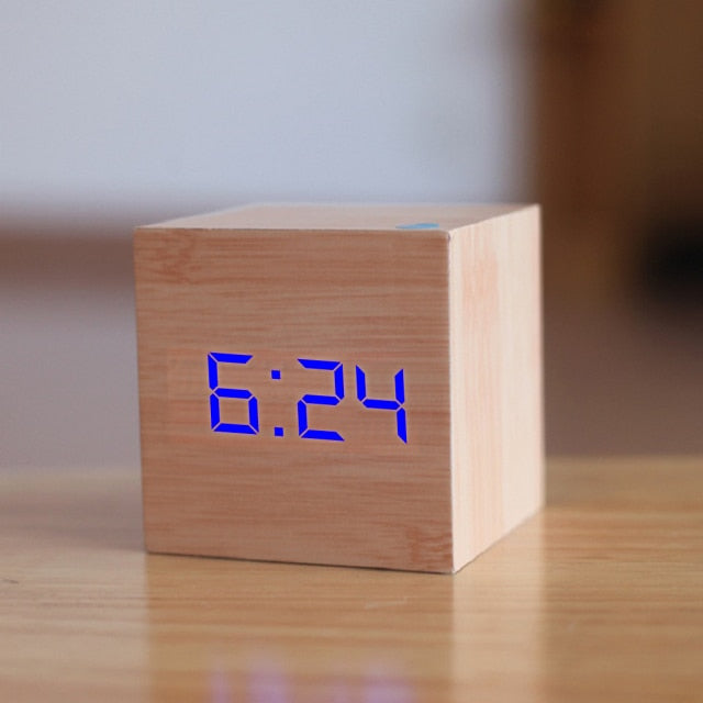 Square LED Digital Alarm Clock with Adjustable Brightness Brown Blue NaLani