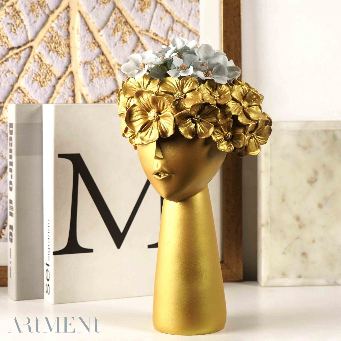 Surreal Faces Table Planters Set of 2 in White and Gold Golden Big NaLani