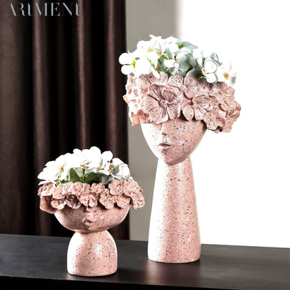 Surreal Faces Table Planters Set of 2 in White and Gold Pink Set of 2 NaLani