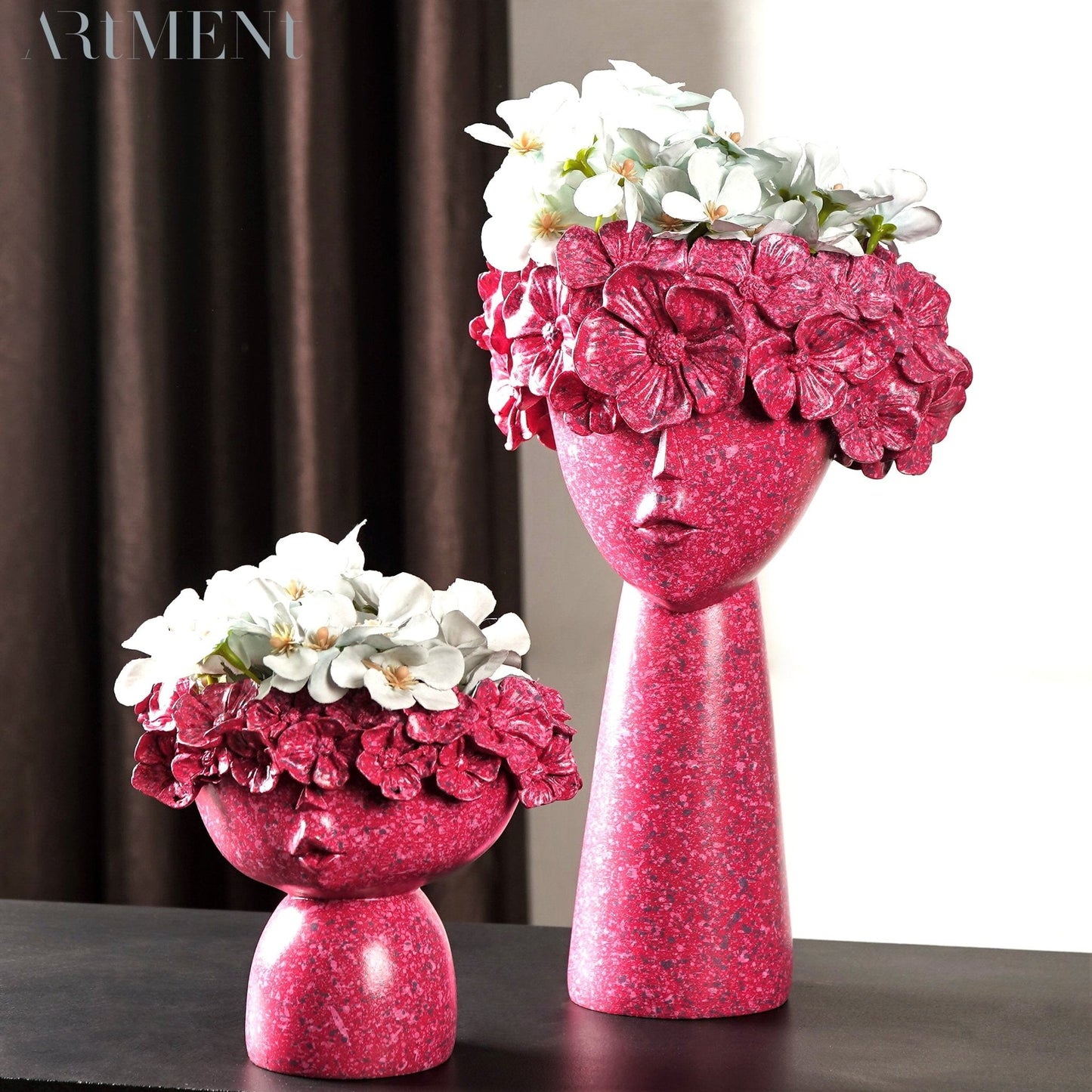 Surreal Faces Table Planters Set of 2 in White and Gold Fushia Set of 2 NaLani