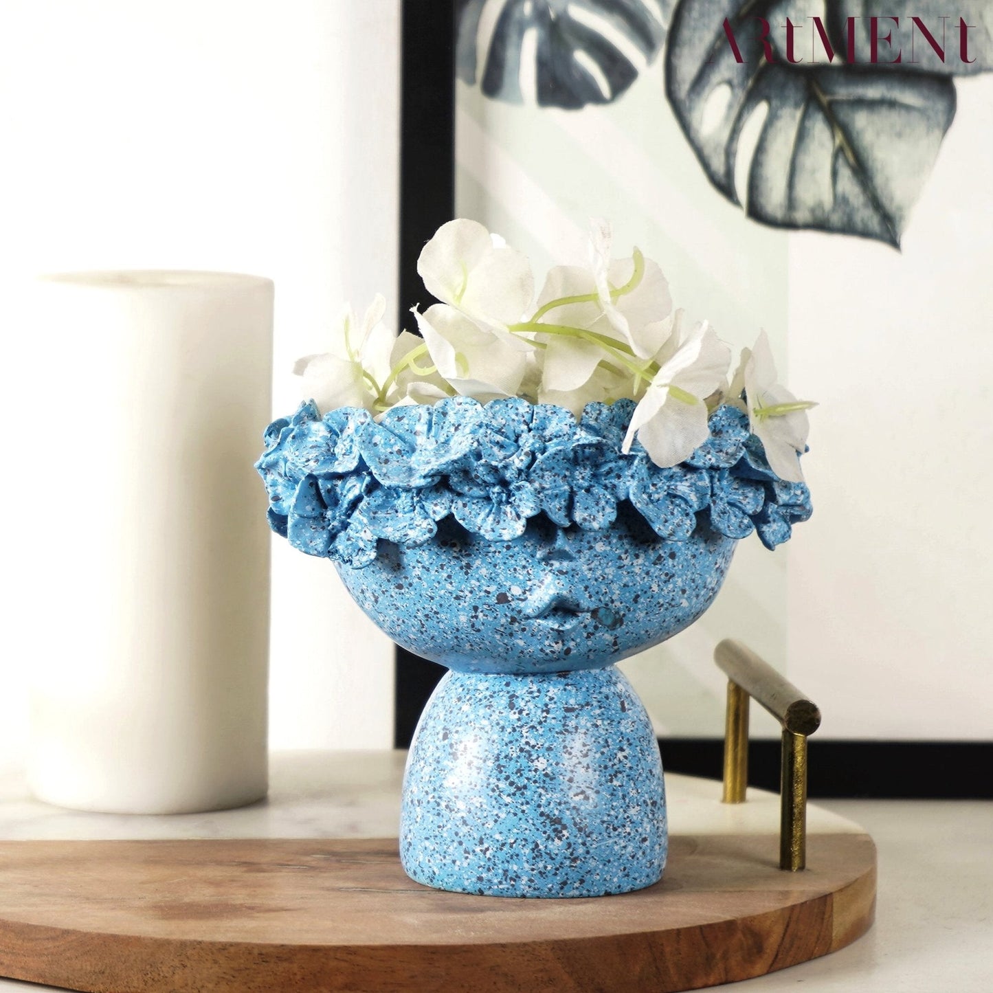 Surreal Faces Table Planters Set of 2 in White and Gold Blue Small NaLani