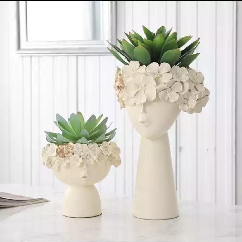 Surreal Faces Table Planters Set of 2 in White and Gold NaLani