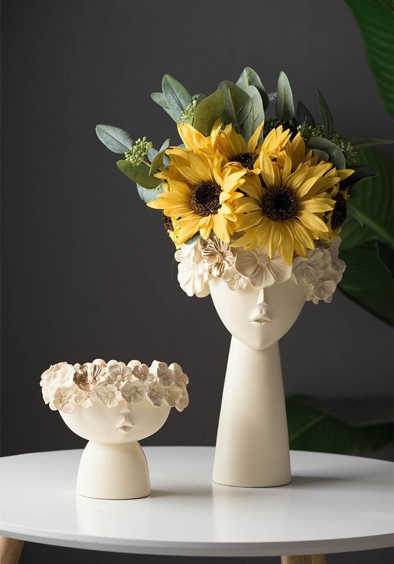Surreal Faces Table Planters Set of 2 in White and Gold NaLani