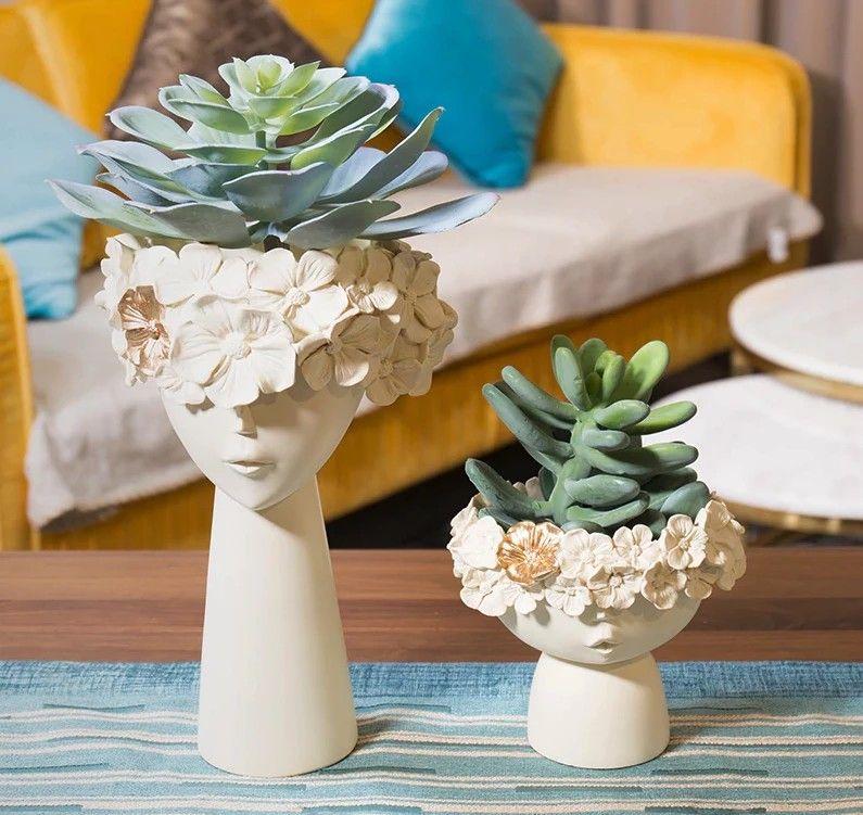 Surreal Faces Table Planters Set of 2 in White and Gold NaLani