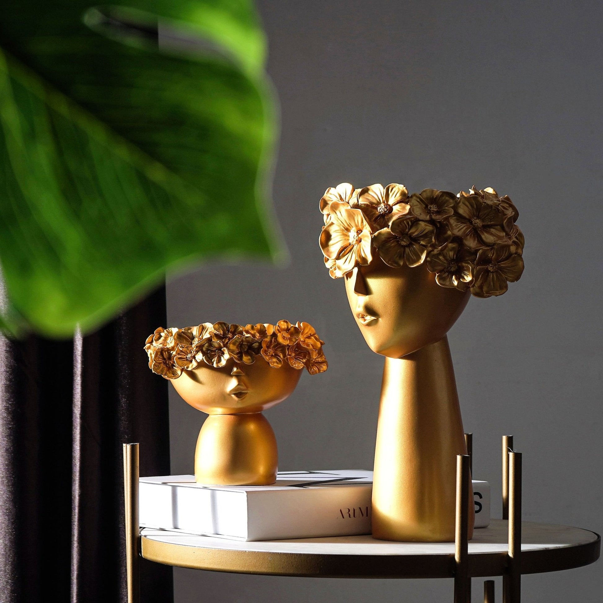 Surreal Faces Table Planters Set of 2 in White and Gold NaLani