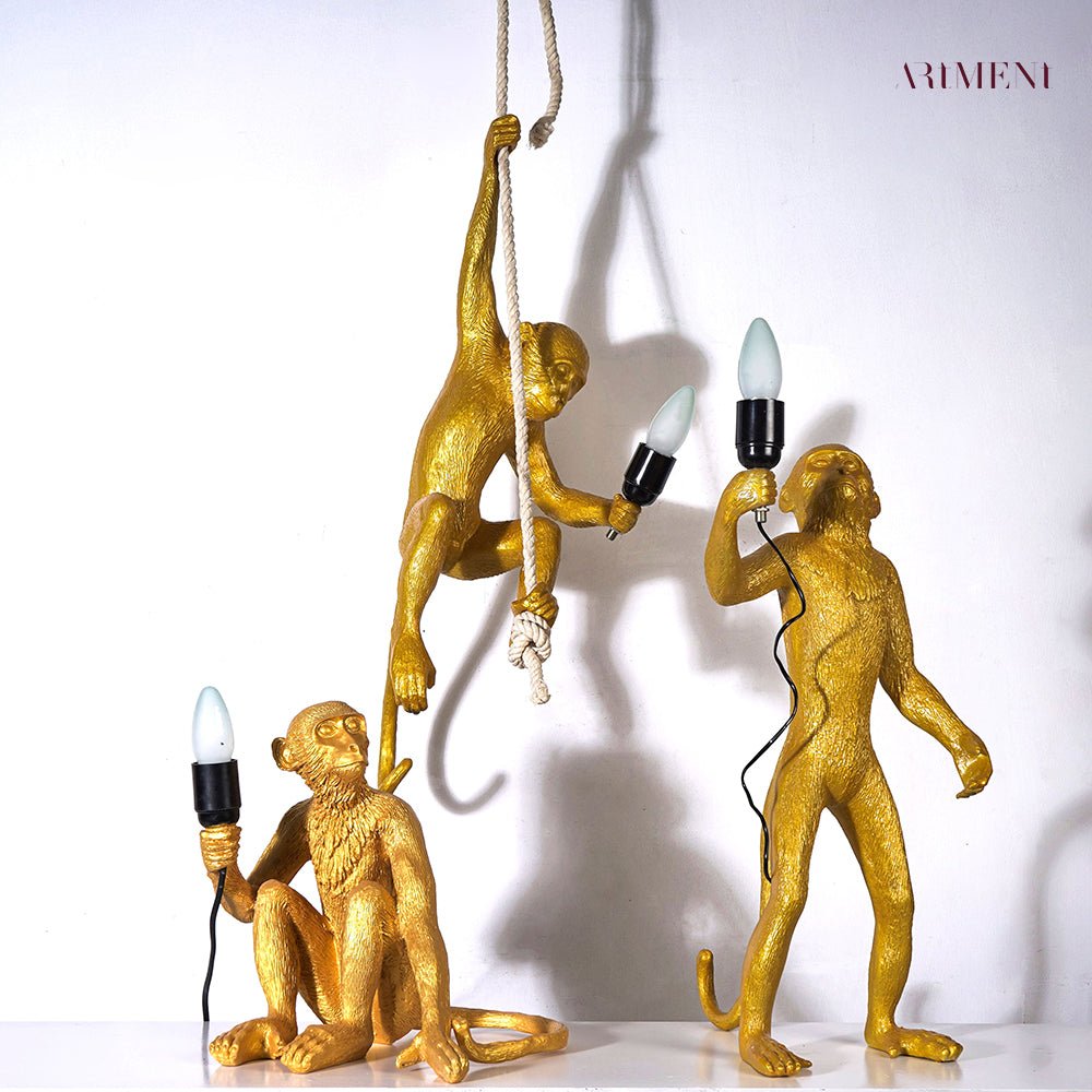Surrealism Monkey Decorative Lamp Unique Handcrafted Home Light Set of 3 Golden NaLani