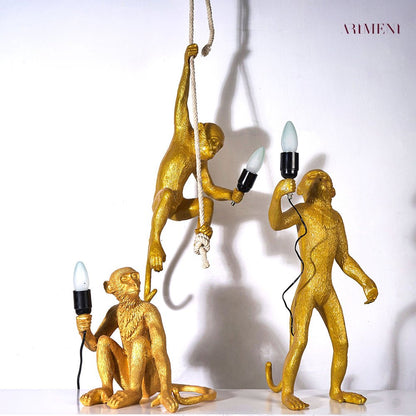 Surrealism Monkey Decorative Lamp Unique Handcrafted Home Light Set of 3 Golden NaLani