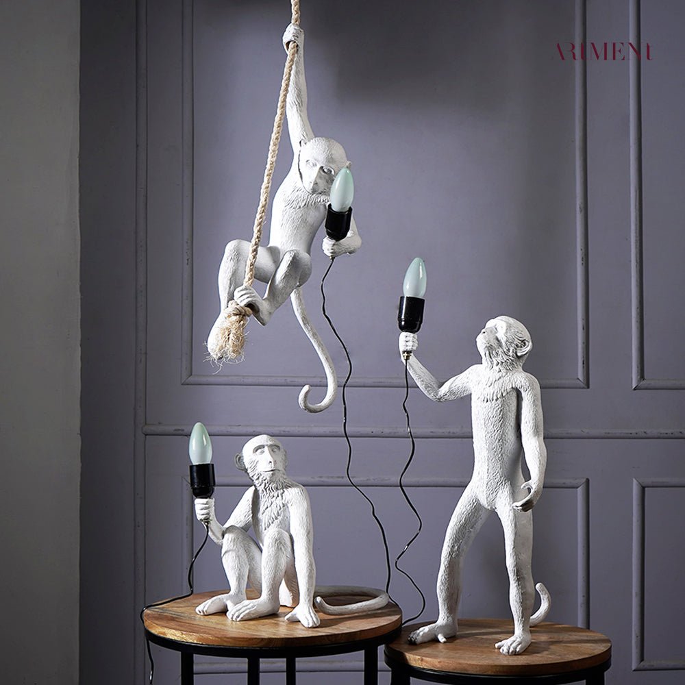 Surrealism Monkey Decorative Lamp Unique Handcrafted Home Light Set of 3 White NaLani