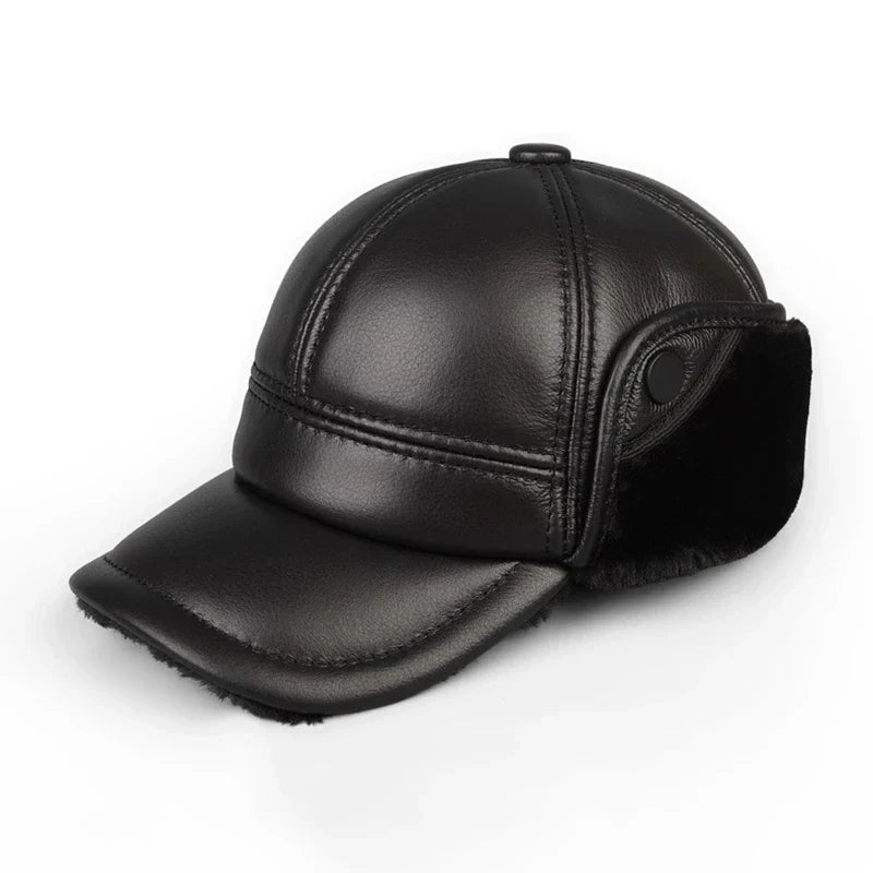 Thick Leather Winter Bomber Hat With Velvet Ear Flaps Black NALANI