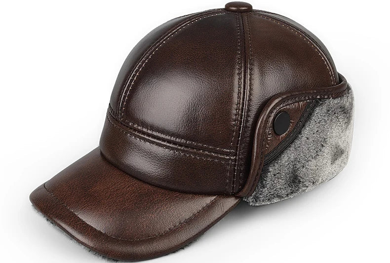 Thick Leather Winter Bomber Hat With Velvet Ear Flaps Brown NALANI