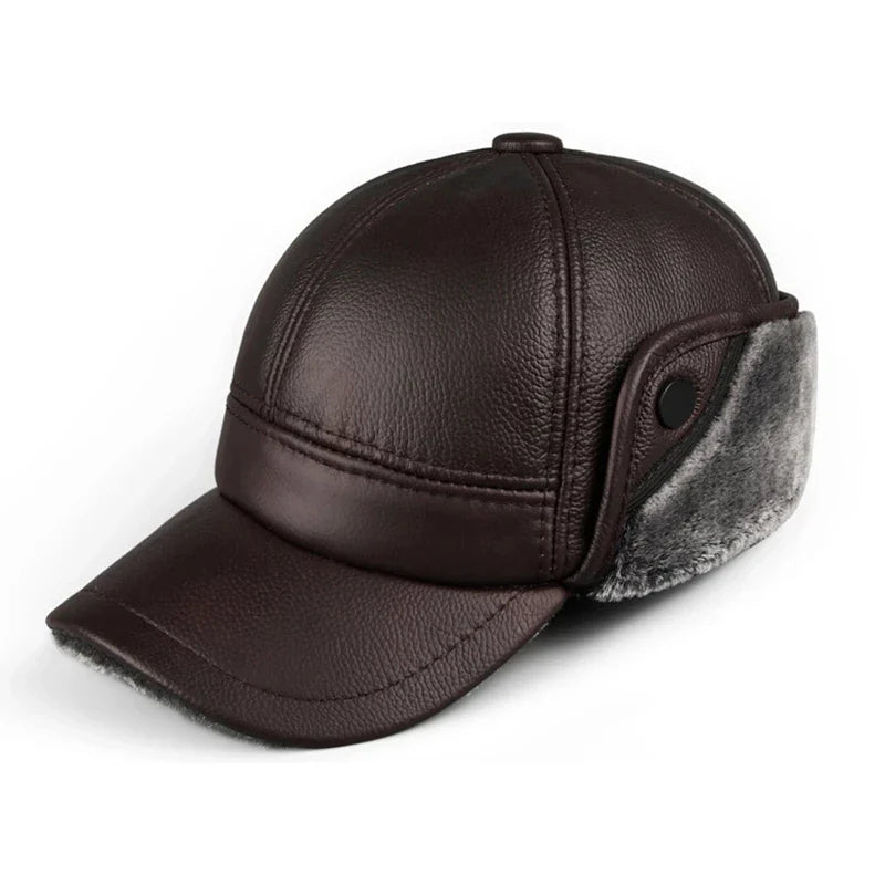 Thick Leather Winter Bomber Hat With Velvet Ear Flaps Dark brown NALANI