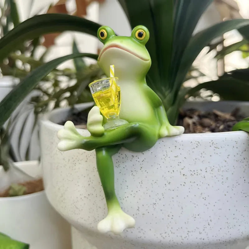 Tipsy Frog Plant Pot Decor With Wine Glass Charm Garden Beverage Frog NALANI