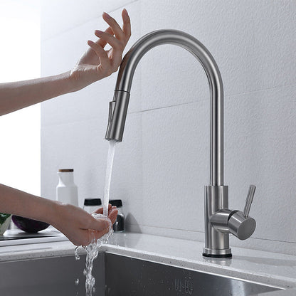 Touch Sensor Kitchen Faucet With Pull Down Sprayer High Arc White Silver Cylinder NALANI