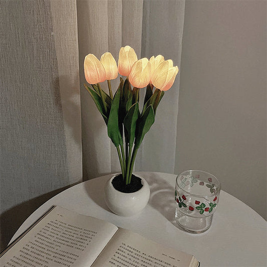 Tulip Night Lamp Ceramic Flower Night Light For Home Pink Accu Long NALANI