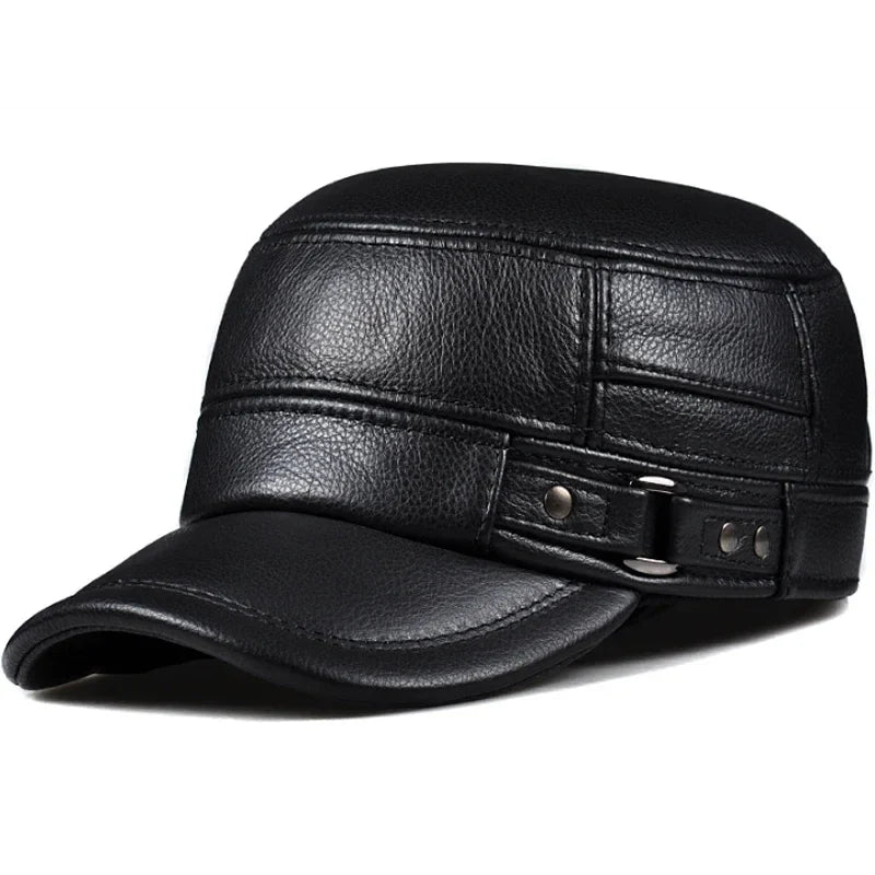 Winter Leather Military British Vintage Cap For Men Black NALANI