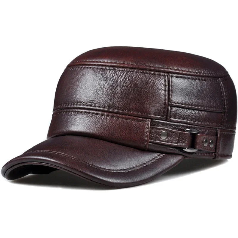 Winter Leather Military British Vintage Cap For Men Red Brown NALANI