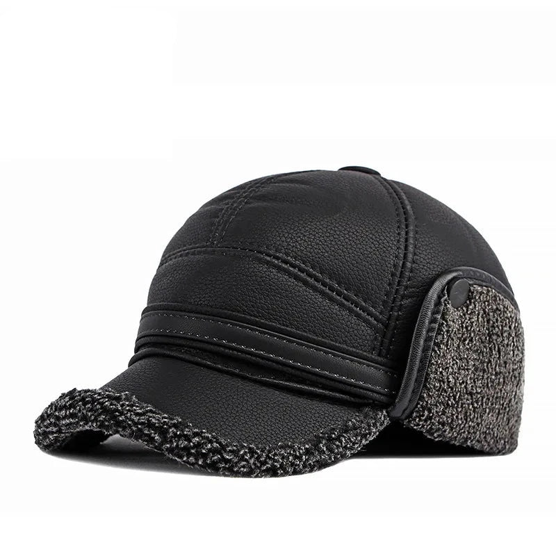 Winter Warm Earwarmer Windproof Faux Leather Bomber Hat Black NALANI