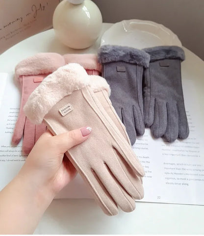 Womens Thick Plush Winter Gloves With Suede Touchscreen Beige NALANI