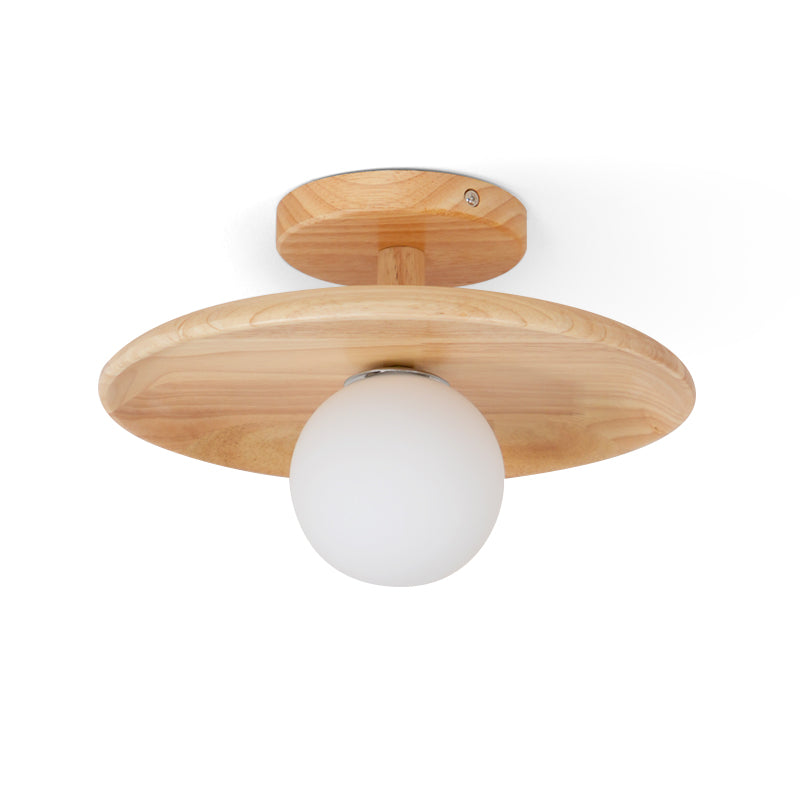 Wooden Ceiling Lamp With Natural Finish For Low Ceilings ∅ 11″ x H 4.7″ Dia 28cm x H 12cm Ash wood & White NALANI