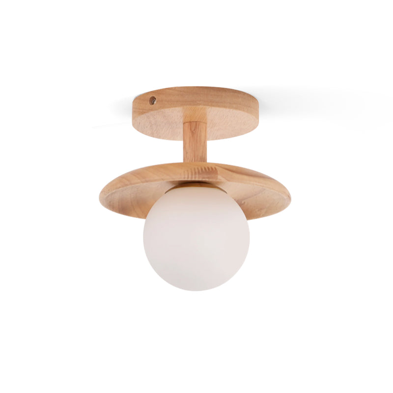 Wooden Ceiling Lamp With Natural Finish For Low Ceilings ∅ 7.1″ x H 4.7″ Dia 18cm x H 12cm Ash wood & White NALANI
