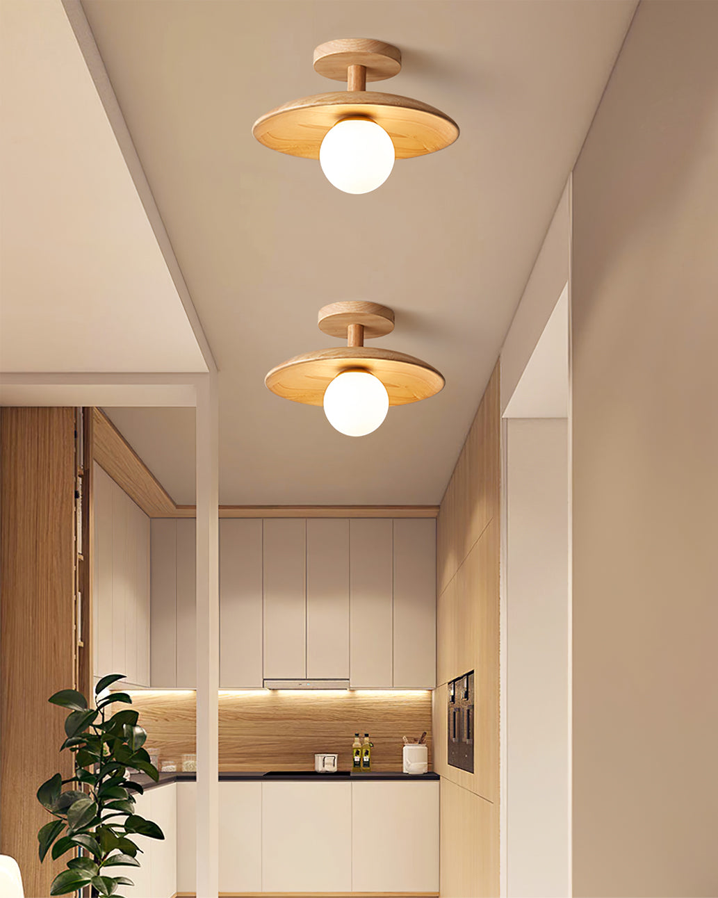 Wooden Ceiling Lamp With Natural Finish For Low Ceilings NALANI