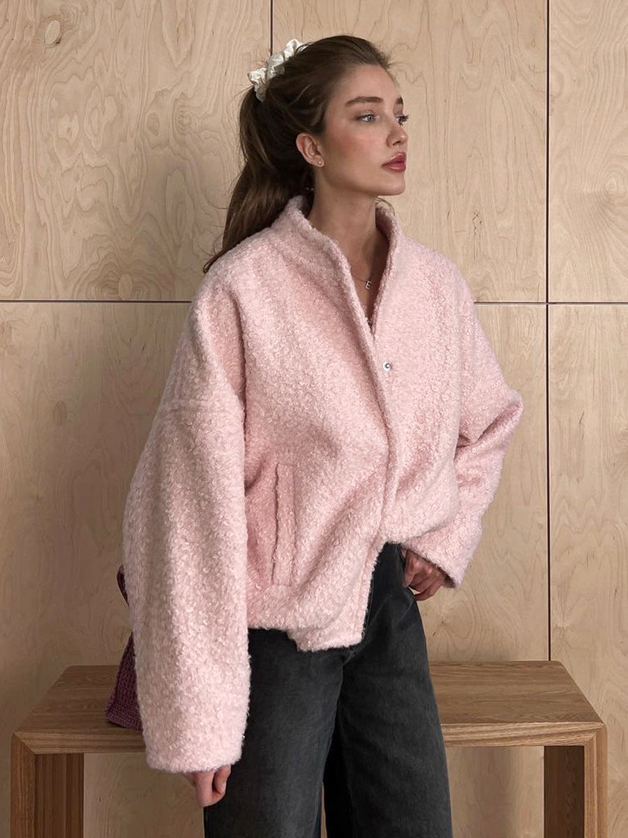 Pink Winter Coat With Stand Collar And Dropped Shoulders NALANI