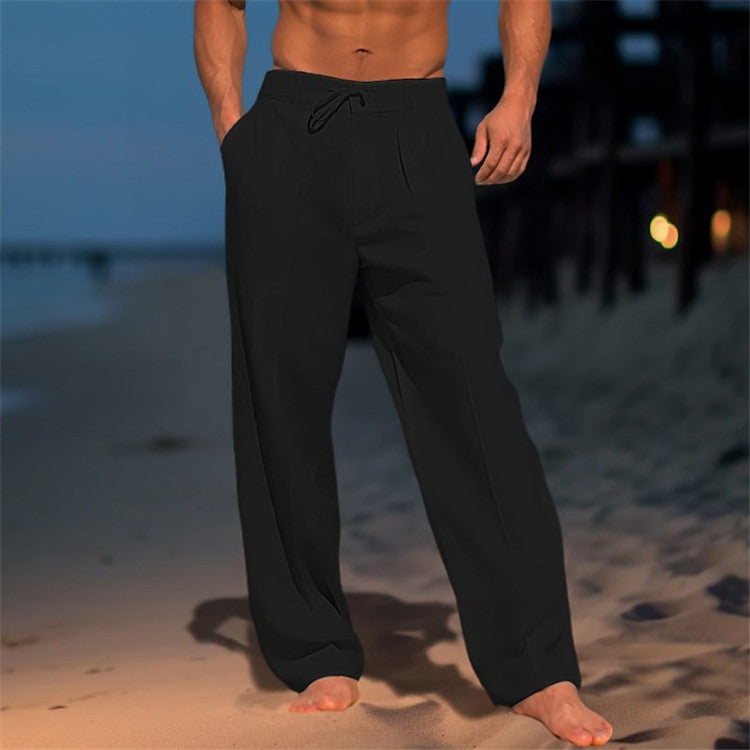 Men Relaxed Fit Trousers Drawstring Waist Pleated Front