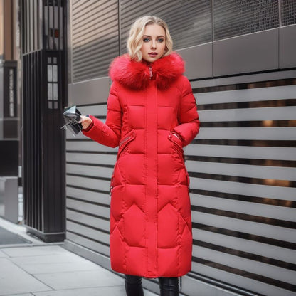 Trendy Midi Womens Coat With Faux Fur Collar Plus Size Red NALANI