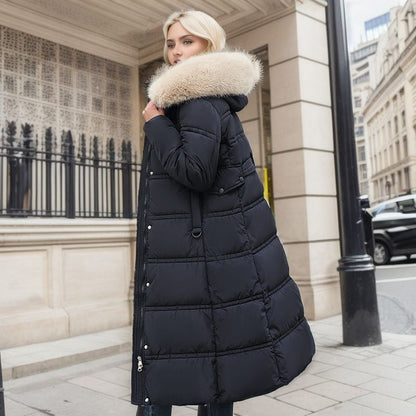 Long Winter Coat For Women With Fur Collar And Belt Black NALANI