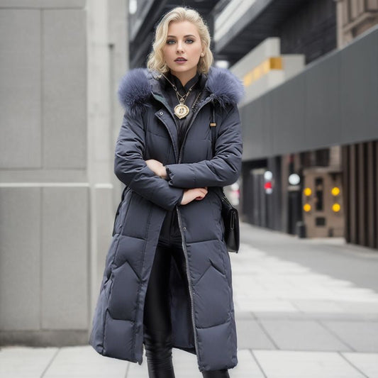 Trendy Midi Womens Coat With Faux Fur Collar Plus Size Gray NALANI