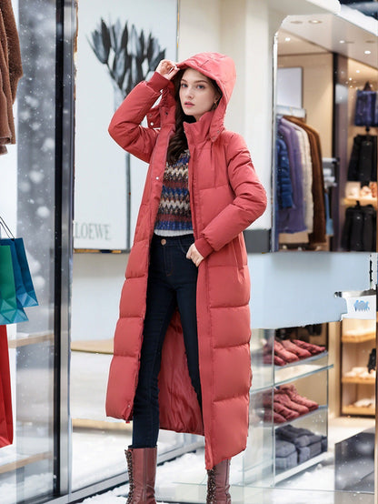 Women's Long Down Coat With Hood And Cotton Lining Warm Red NALANI