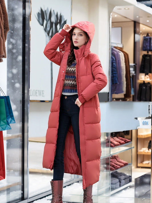 Women's Long Down Coat With Hood And Cotton Lining Warm Red NALANI
